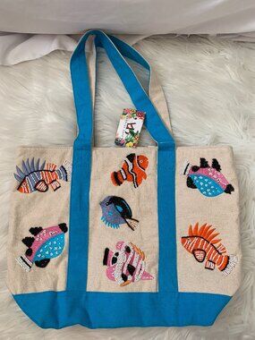 EXPRESS EDIT Tropical Fish Beaded & Embroidered Tote Bag in Khaki/Teal Blue